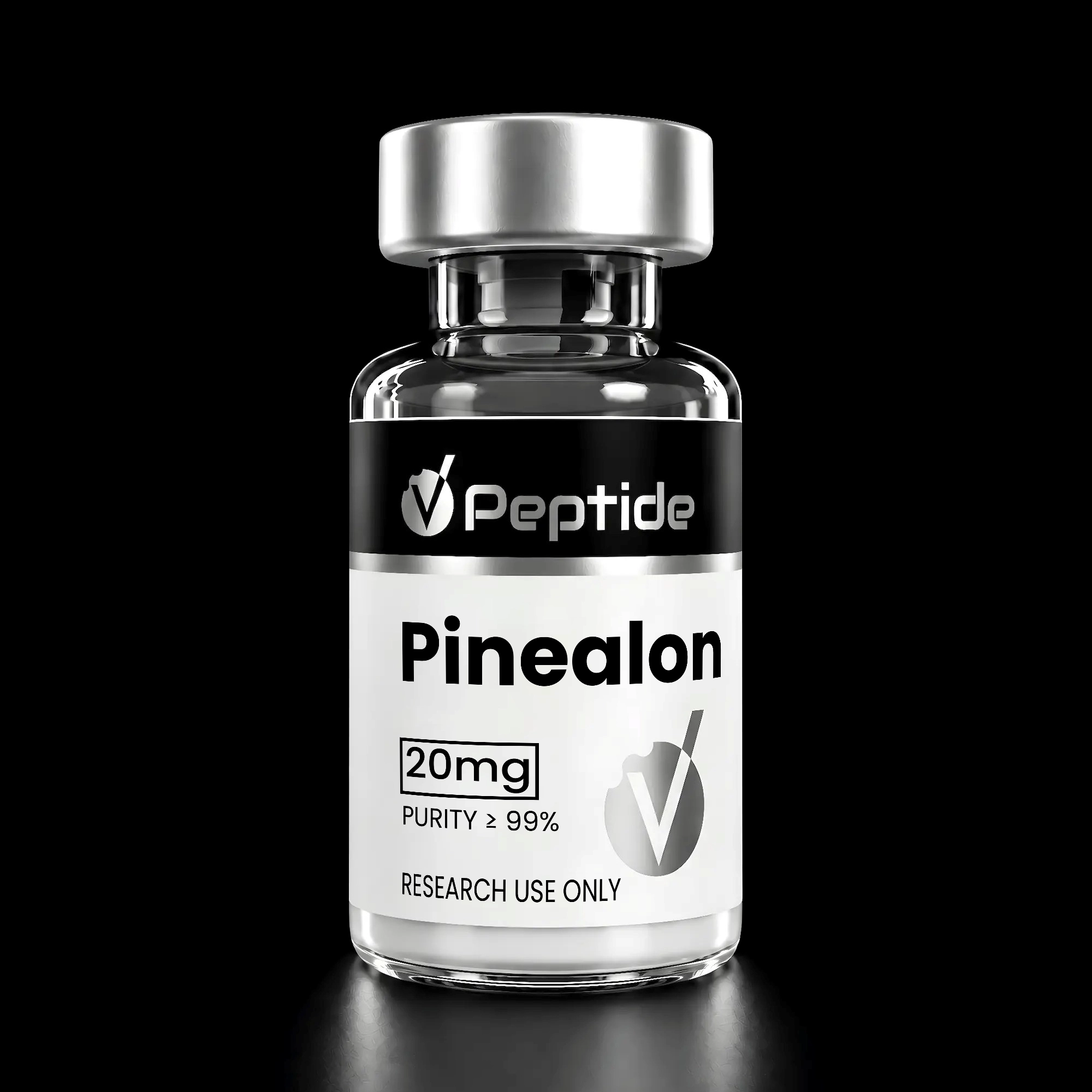 Close-up of a glass vial with a silver cap; label reads 'Peptide Pinealon', '20 mg', purity 99%, and 'RESEARCH USE ONLY'.