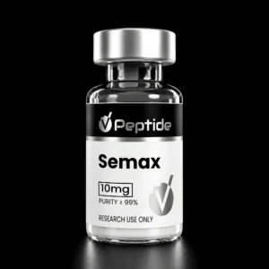 Close-up of a glass bottle with a silver cap on a black background; label reads 'Semax' and '10 mg' (purity 99%), indicating a research chemical for use only.