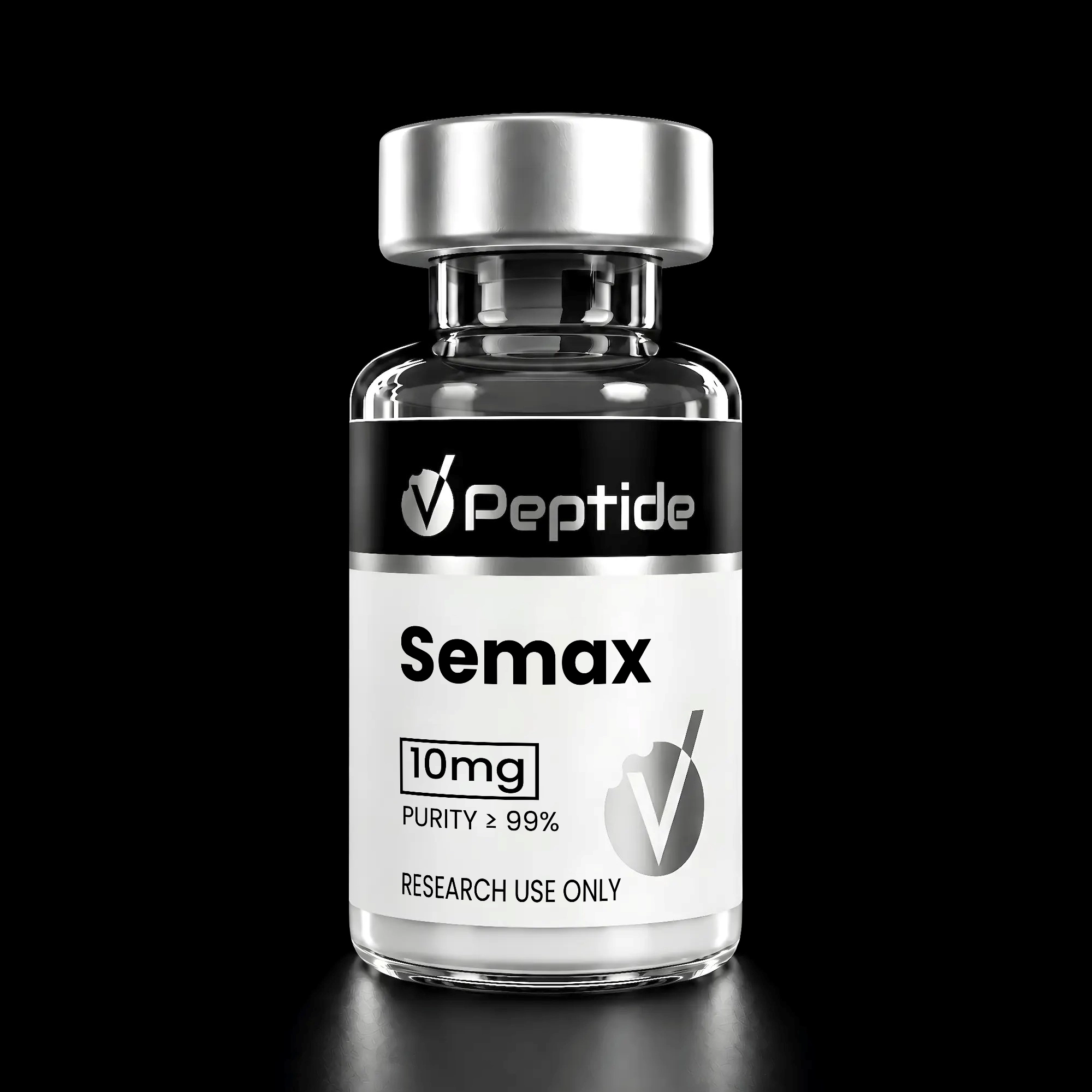 Close-up of a glass bottle with a silver cap on a black background; label reads 'Semax' and '10 mg' (purity 99%), indicating a research chemical for use only.