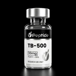 Close-up of a glass bottle with a silver cap; label reads TB-500 peptide, 10 mg, purity ≥99%, for research use only.