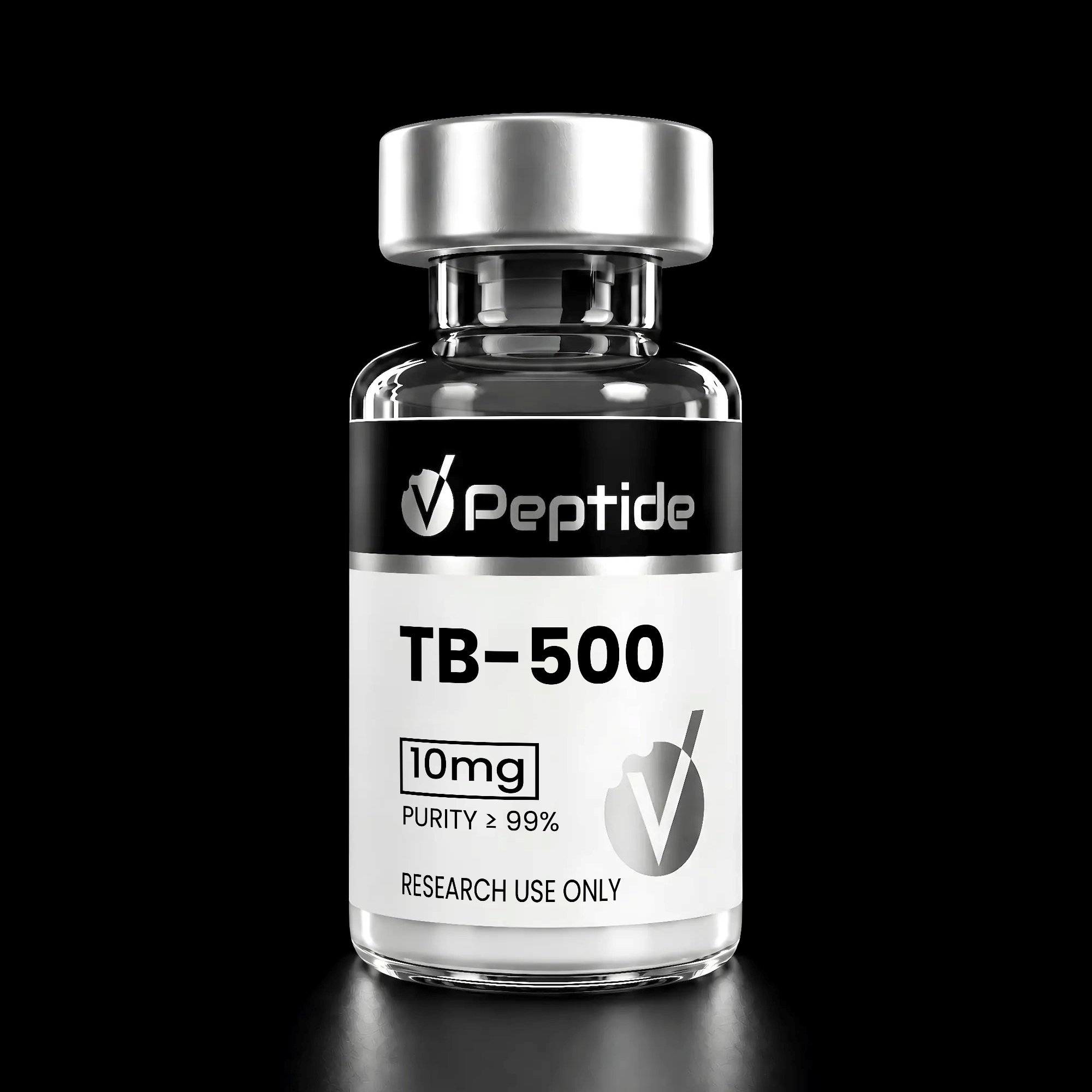Close-up of a glass bottle with a silver cap; label reads TB-500 peptide, 10 mg, purity ≥99%, for research use only.