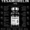 Tesamorelin 10mg Infographic banner featuring a Tesamorelin 10mg bottle with surrounding research-related text and icons on a black background for a science-focused product page.