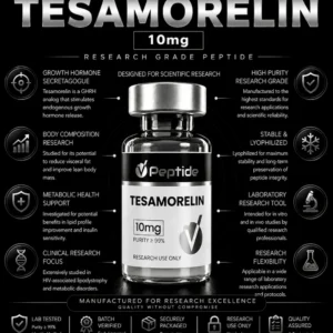 Infographic banner featuring a Tesamorelin 10mg bottle with surrounding research-related text and icons on a black background for a science-focused product page.