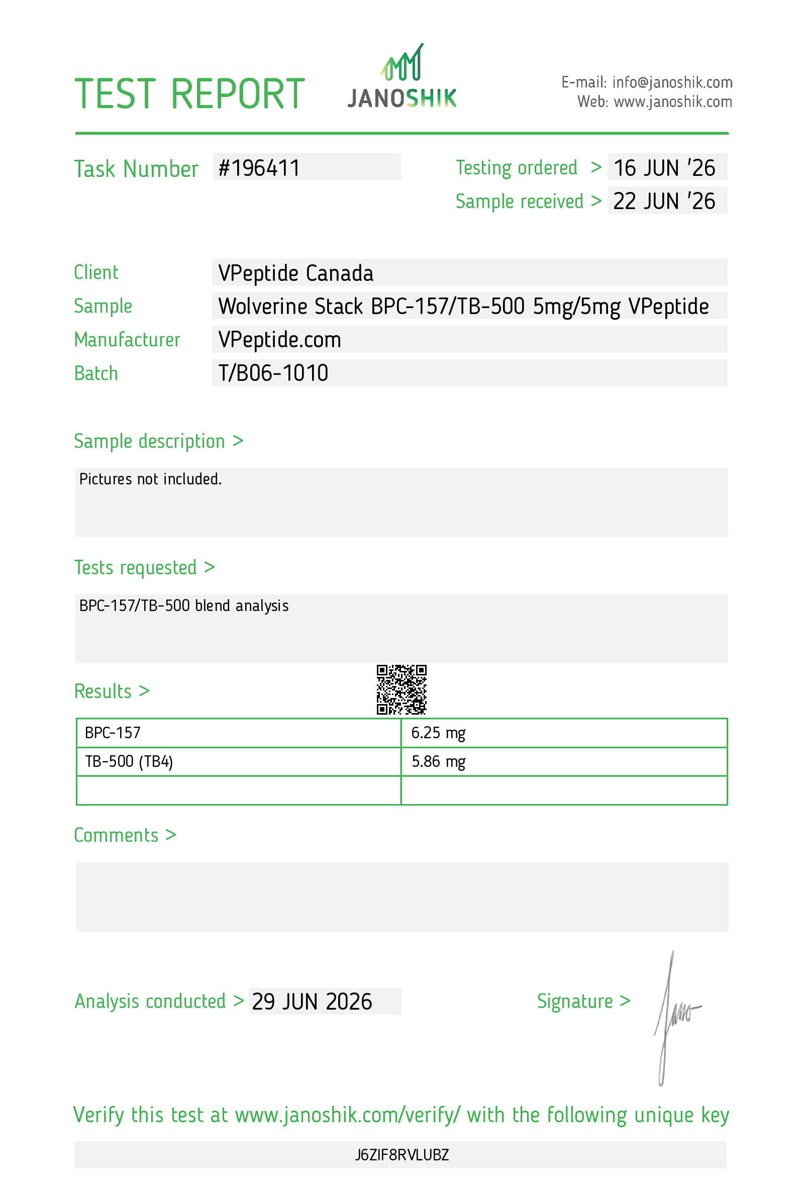 Laboratory test report header showing client and sample details, including task number, dates, and company logo (Janoshik)