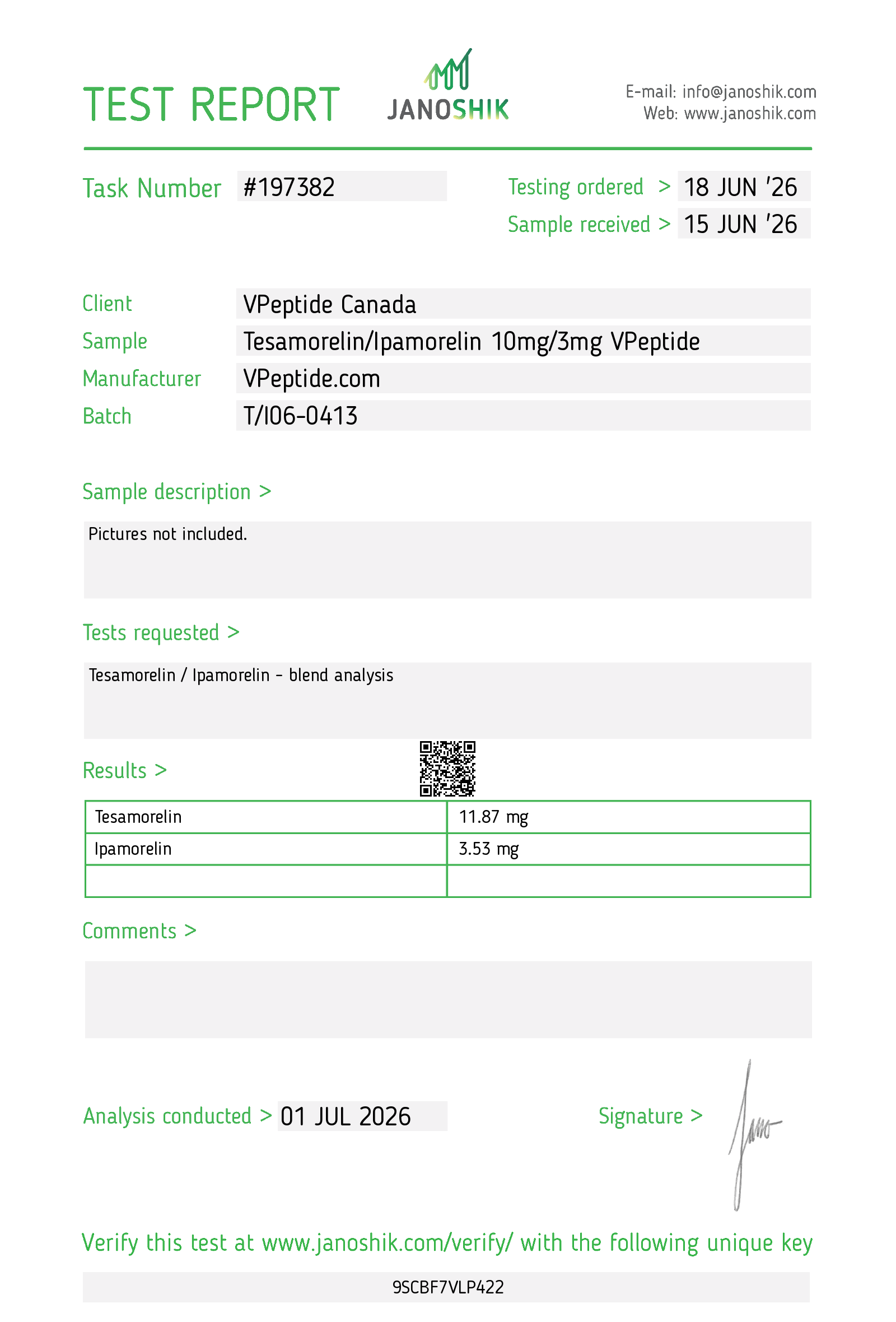 Laboratory test report titled 'TEST REPORT' showing task #197382, client VPep­tide Canada, sample Tesamorelin/Ipamorelin, results table with dosages and dates