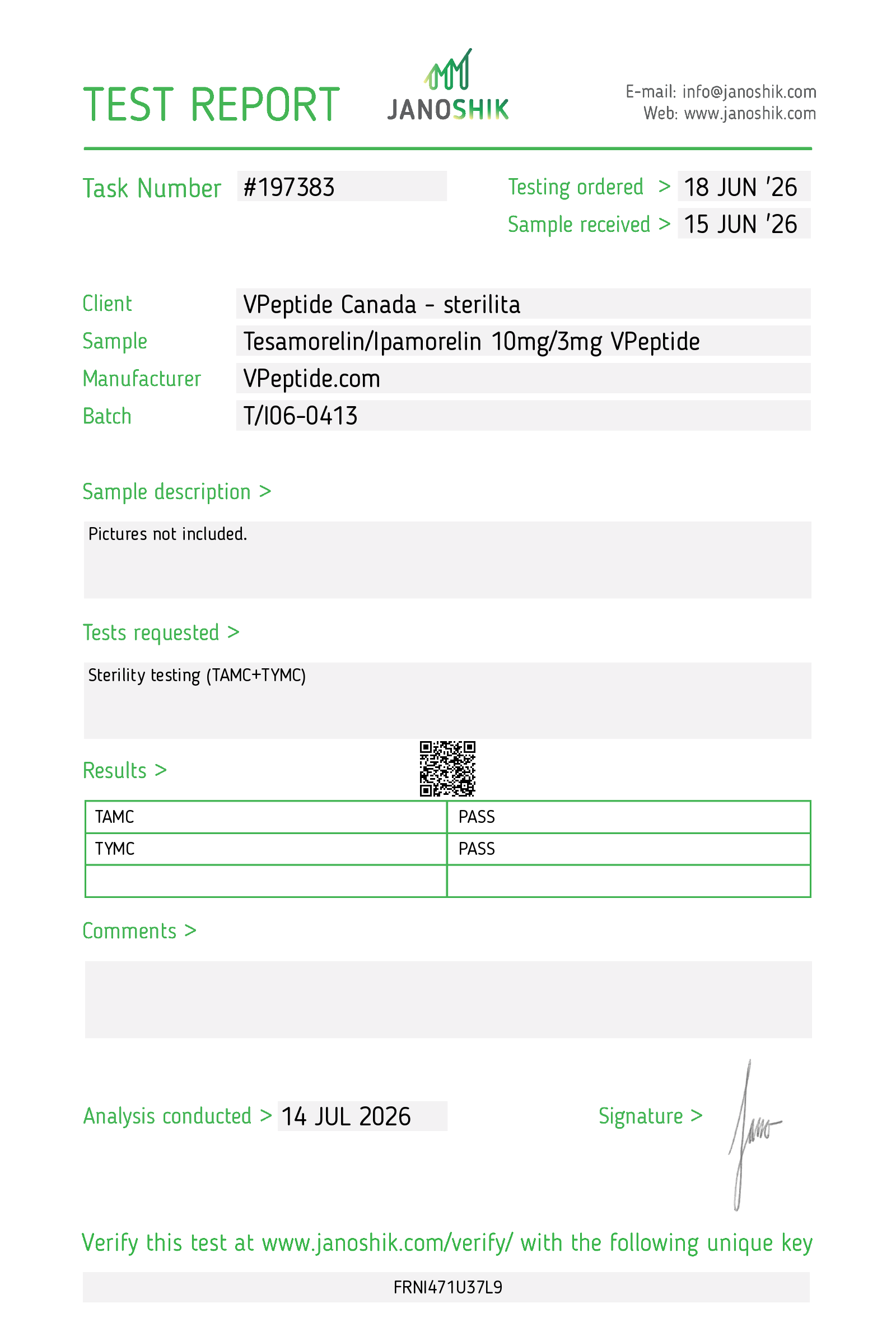 Laboratory test report header with Janoshik logo, task #197383 and dates; client and sample details listed