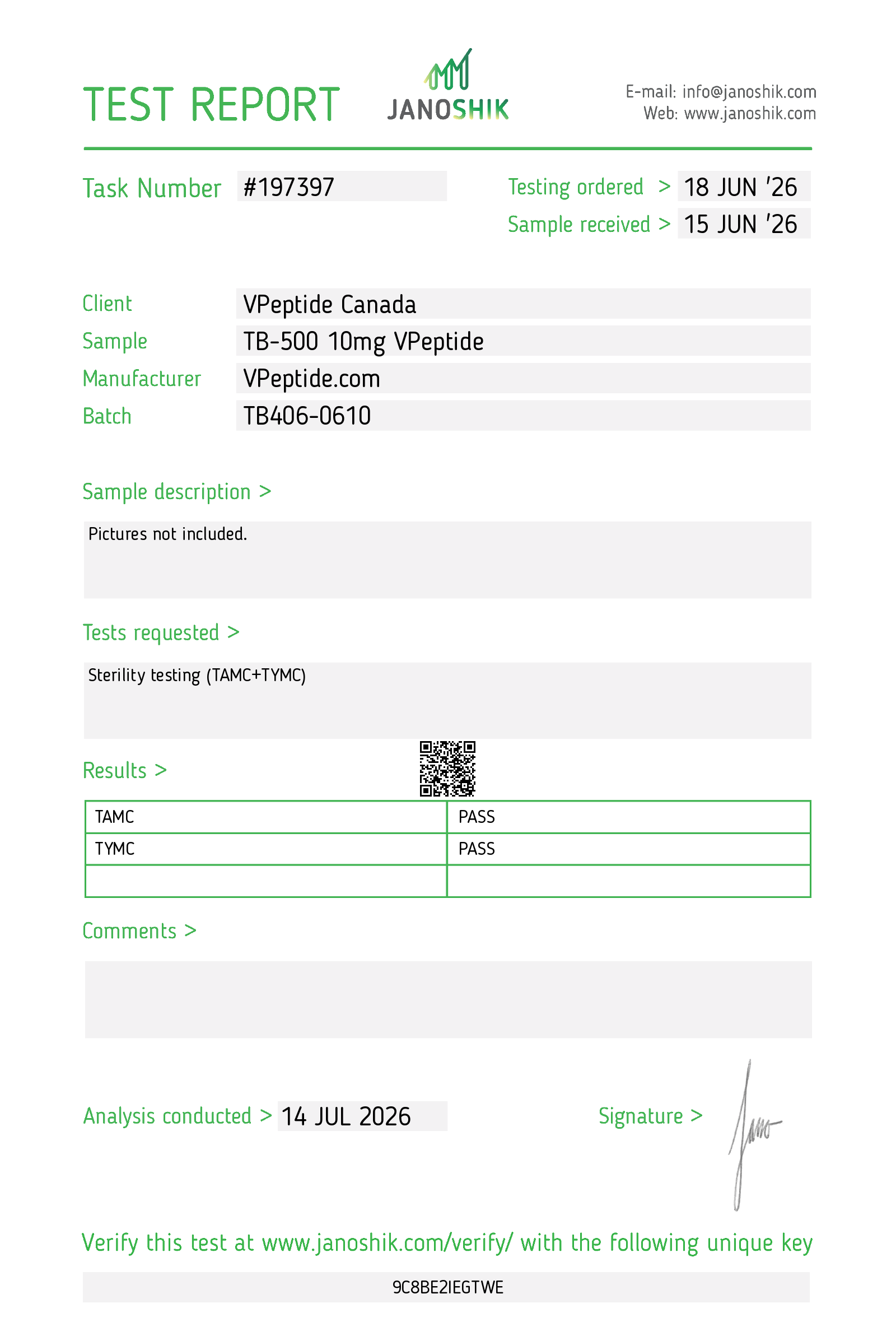Test report page: task #197397 for VPepide Canada sample TB-500 10mg VPepptide; results show TAMC and TYMC PASS