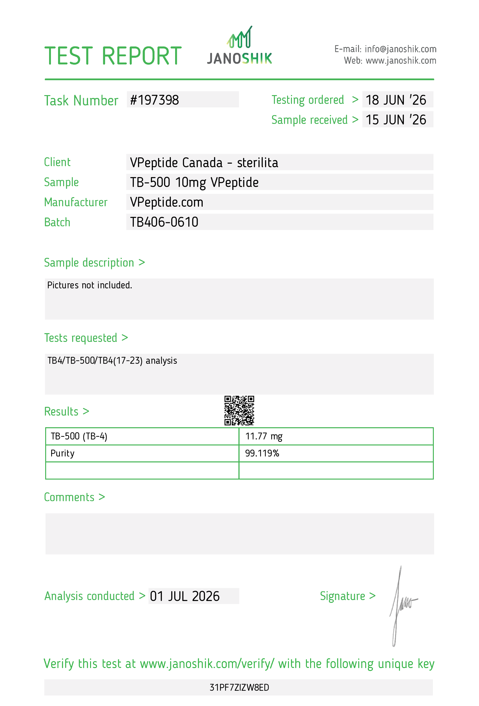 Test report header with task #197398, client, sample details, and results table from Janoshik (QR code on page).