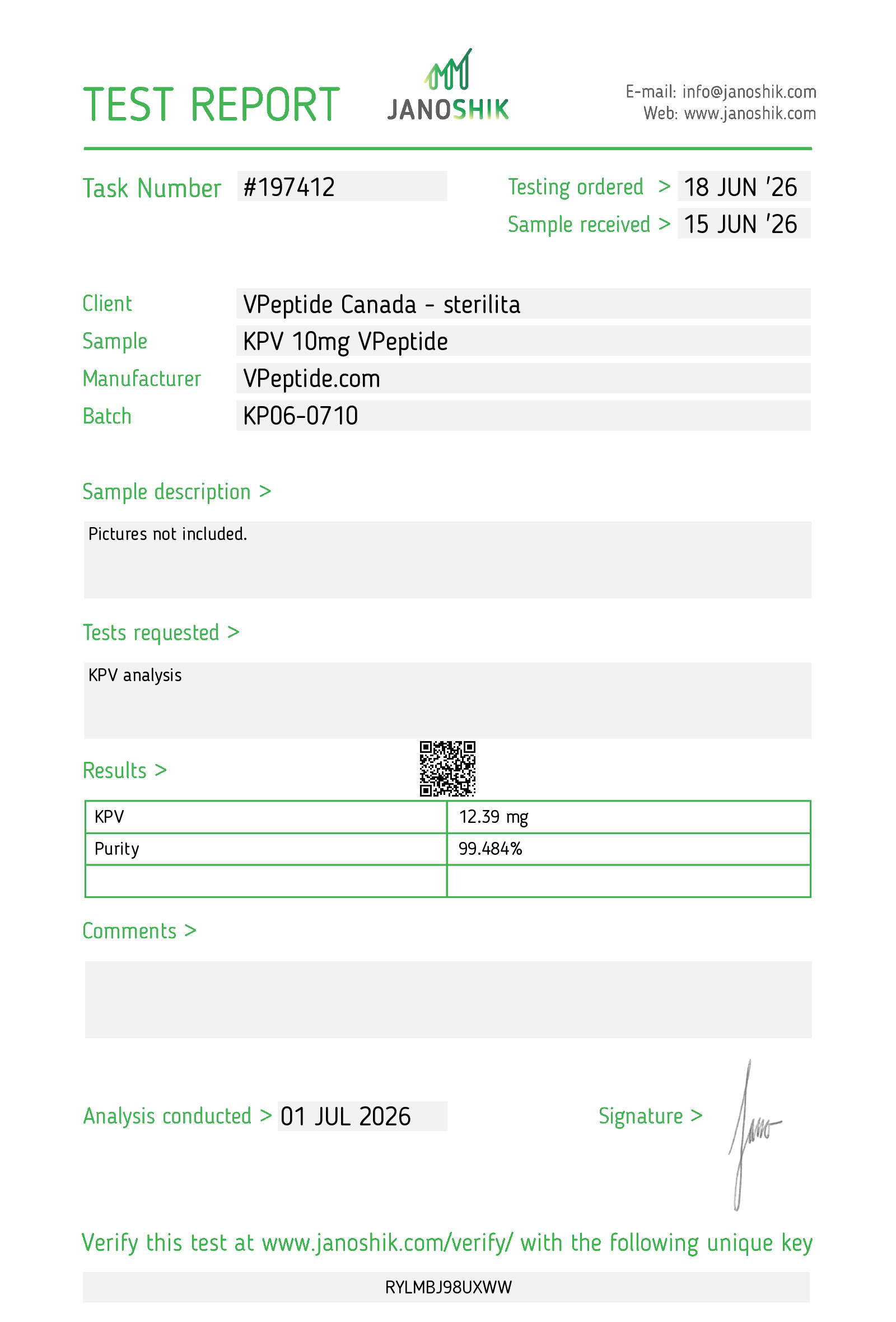 Test report header with task #197412 and sample details (Client: VPep tone: VPep t idea dead).