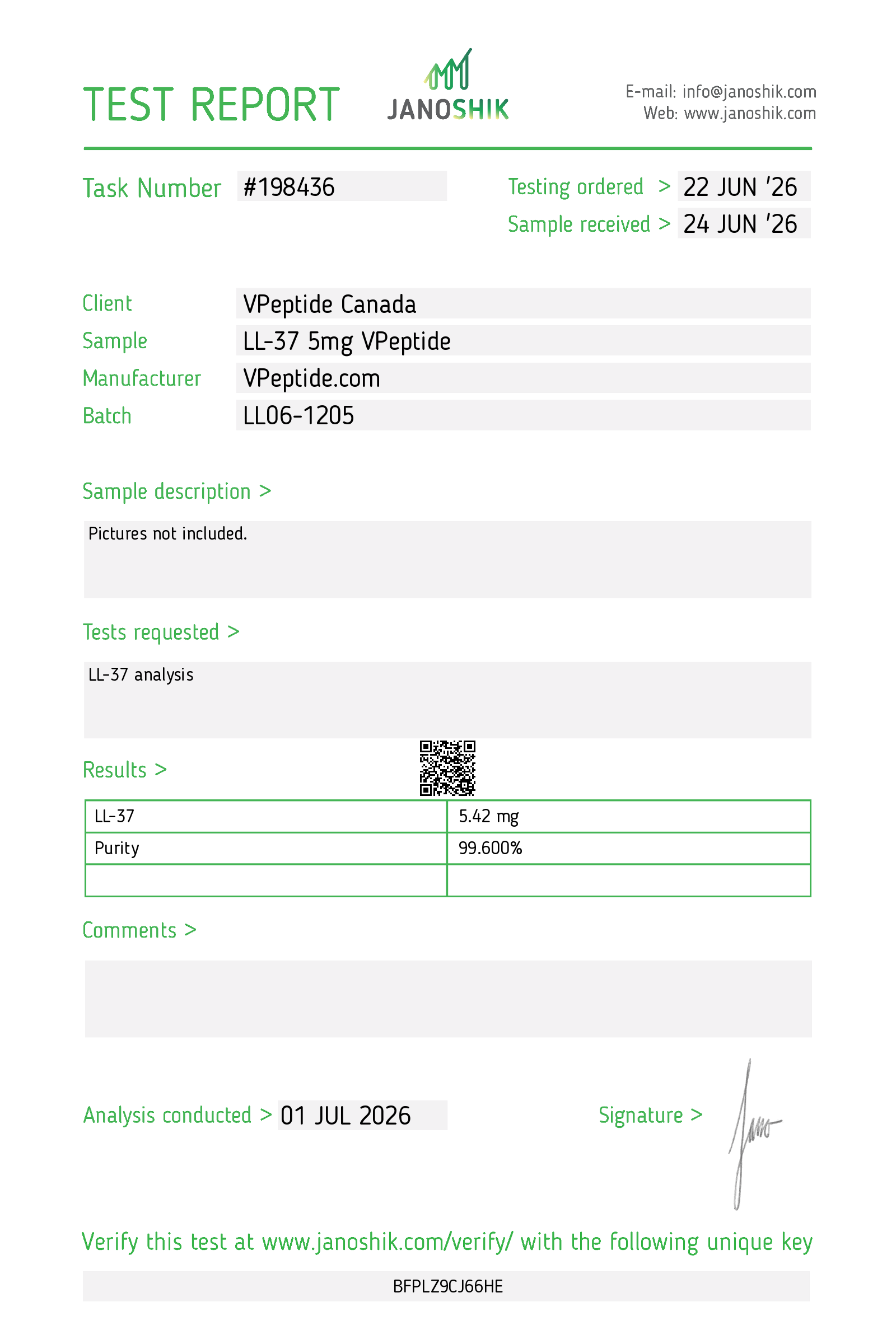 Test Report #198436 Test report for VPepide Canada: task #198436, sample LL-37 5mg VPepide, batch LL06-1205; results show LL-37 5.42 mg and 99.60% purity (analysis 01 JUL 2026).