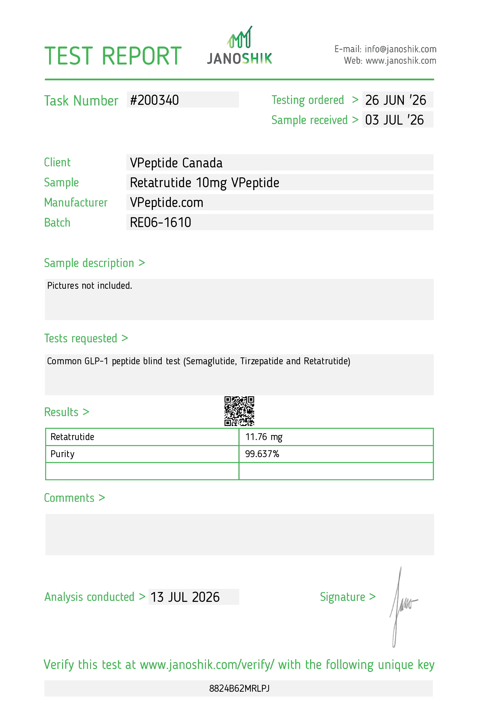 Test Report #200340 (1) Lab test report page showing task number #200340, client, sample and manufacturer details with a results table (Retatrutide 11.76 mg, purity 99.637%).