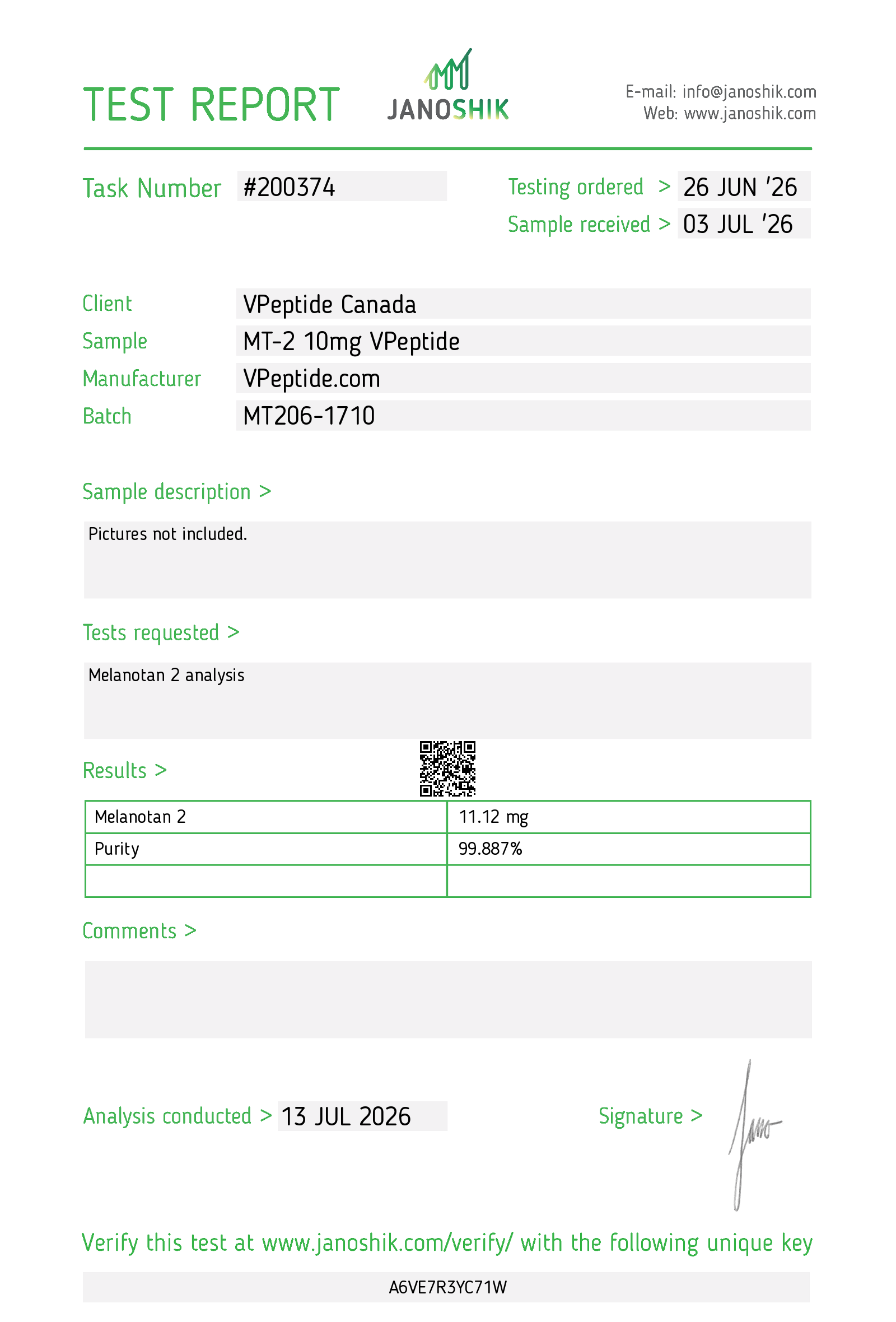 Test Report #200374 Lab test report header from Janoshik showing task number #200374, client VPepide Canada, sample MT-2 10mg VPeptide, batch MT206-1710, with results section listing Melanotan 2 at 11.12 mg and Purity 99.887%. Analysis date 13 JUL 2026.