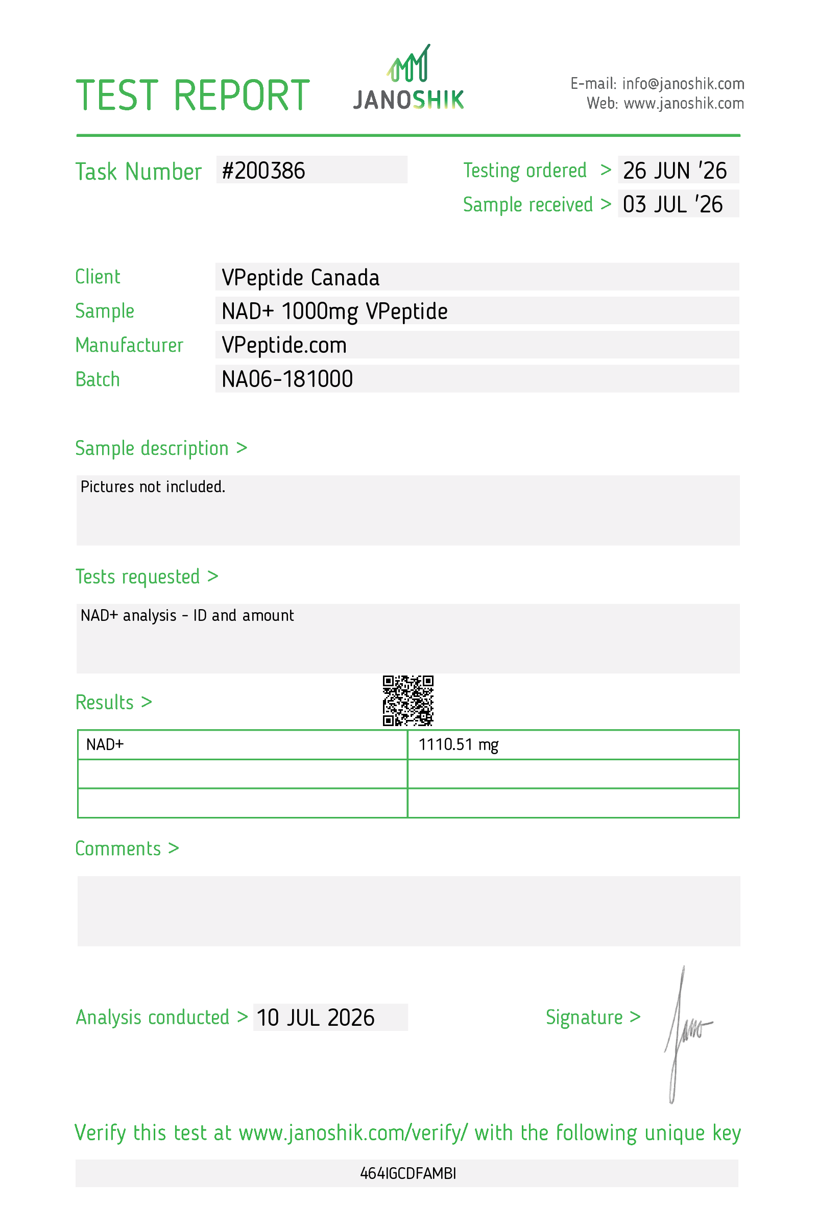 Test Report #200386 Janoshik test report header showing task #200386, client info, sample details and results table with NAD+ value at 1110.51 mg (QR code bottom).