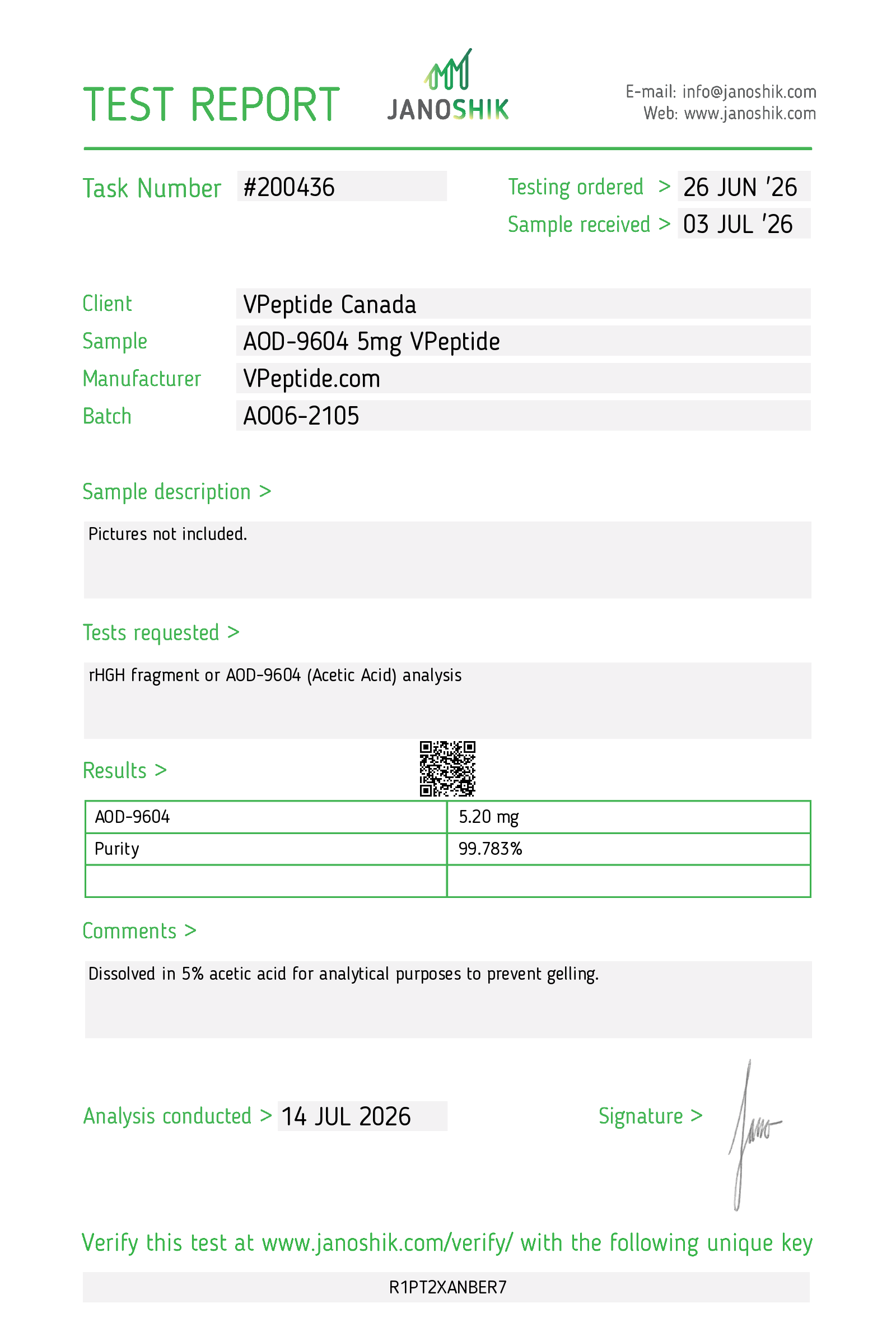 Test Report #200436 Lab report header: Task #200436 from JanosHik with client VPepide Canada; sample AOD-9604 5mg VPepide, batch A006-2105; results show AOD-9604 5.20 mg and purity 99.783%; analysis date 14 JUL 2026.