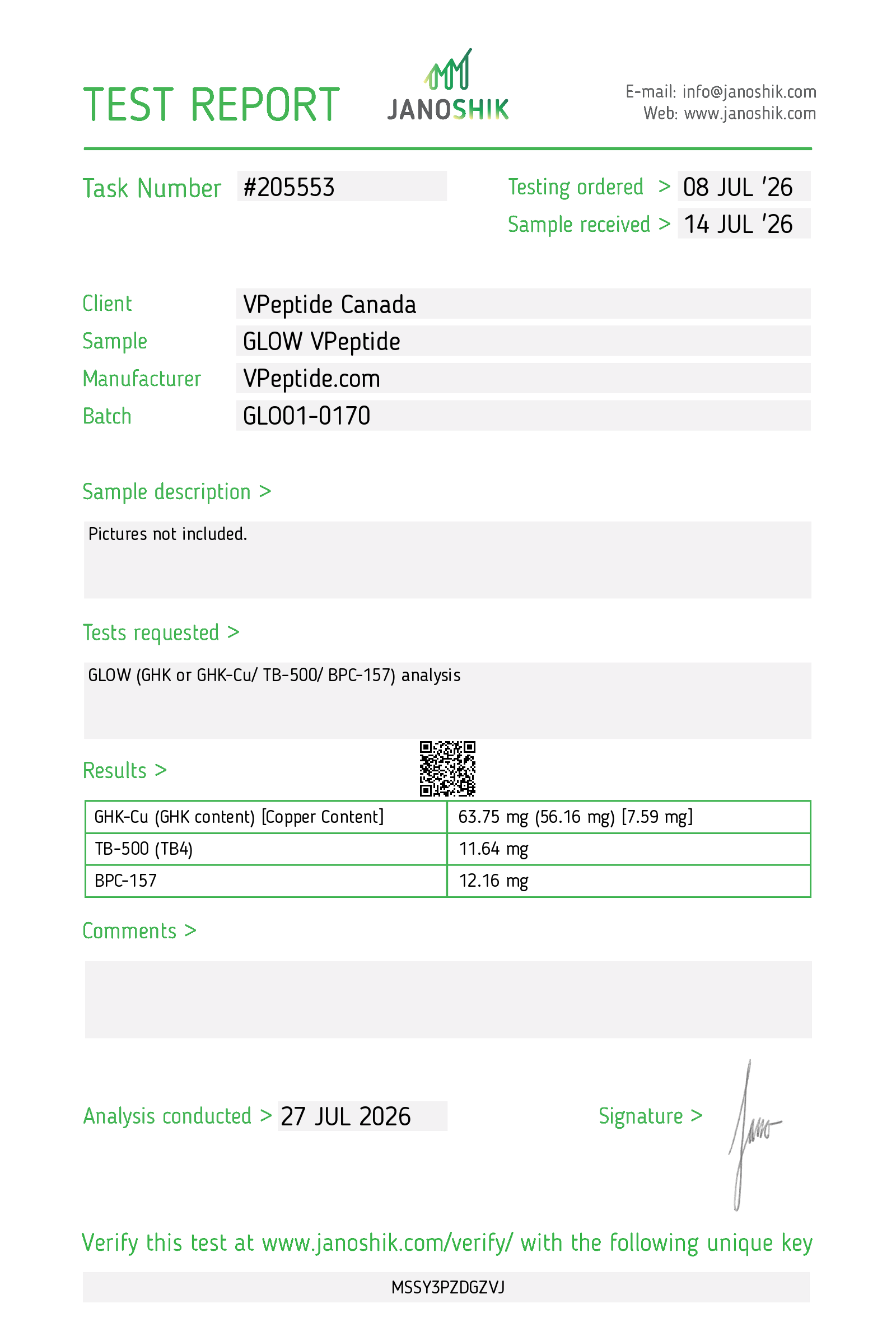 Test Report #205553 Lab test report page showing Task #205553 with client VPep t ide Canada, sample GLOW VPep t ide, and results table; includes date and a QR code.