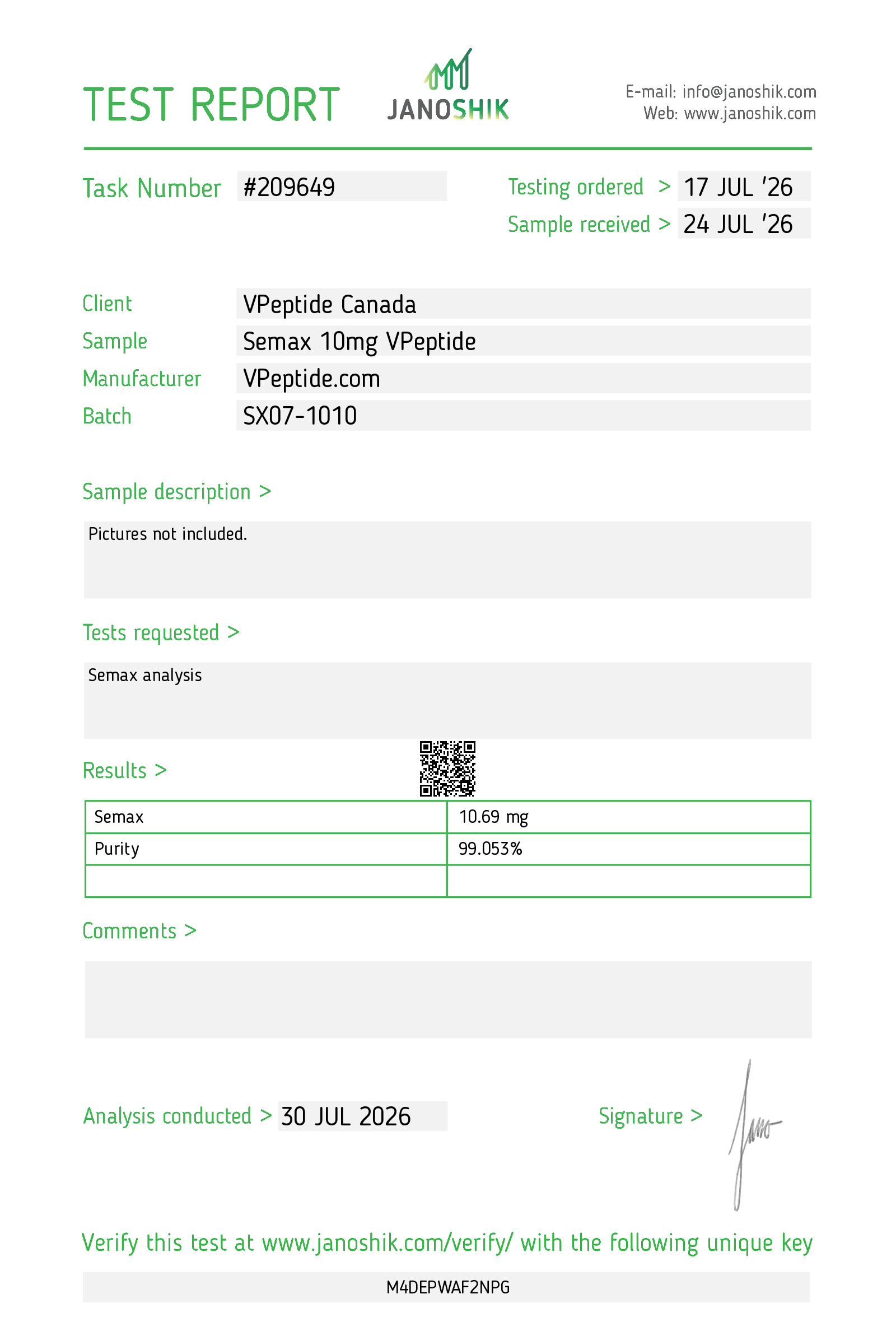 Test report header showing JANOSHIK logo, task #209649, and order/received dates (17 JUL ’26 and 24 JUL ’26).