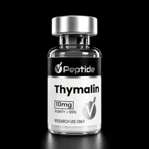 Close-up of a glass peptide bottle with a silver cap, black label reading 'Peptide' and bold white 'Thymalin' text, 10 mg box visible on label.