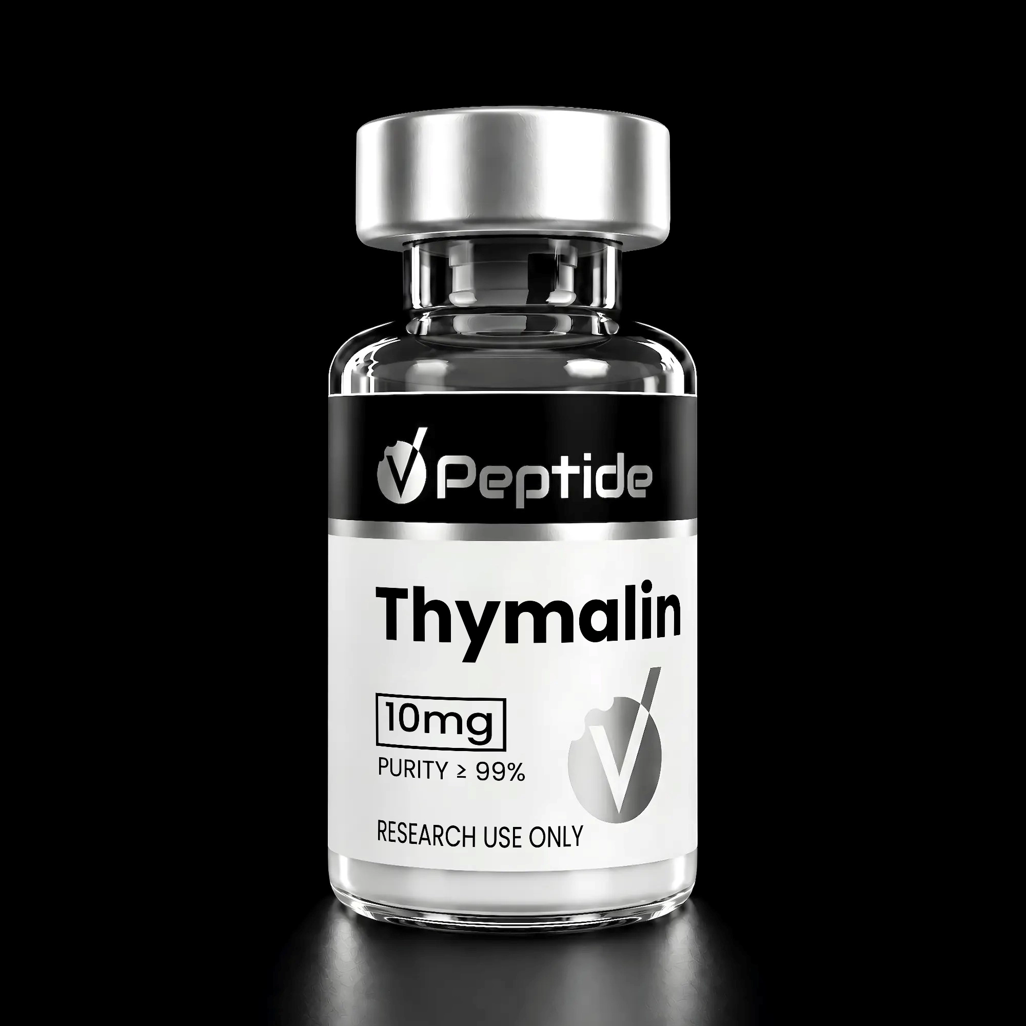 Close-up of a glass peptide bottle with a silver cap, black label reading 'Peptide' and bold white 'Thymalin' text, 10 mg box visible on label.