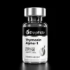 Thymosin Alpha 1 10mg Close-up of a glass bottle with a silver cap against a black background; label reads 'Thymosin Alpha-1'.