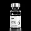 VIP 10mg Close-up of a glass bottle neck with a silver cap against a black background, label reads 'Peptide VIP' and shows '10 mg, purity 99%'.