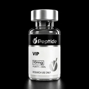 Close-up of a glass bottle neck with a silver cap against a black background, label reads 'Peptide VIP' and shows '10 mg, purity 99%'.