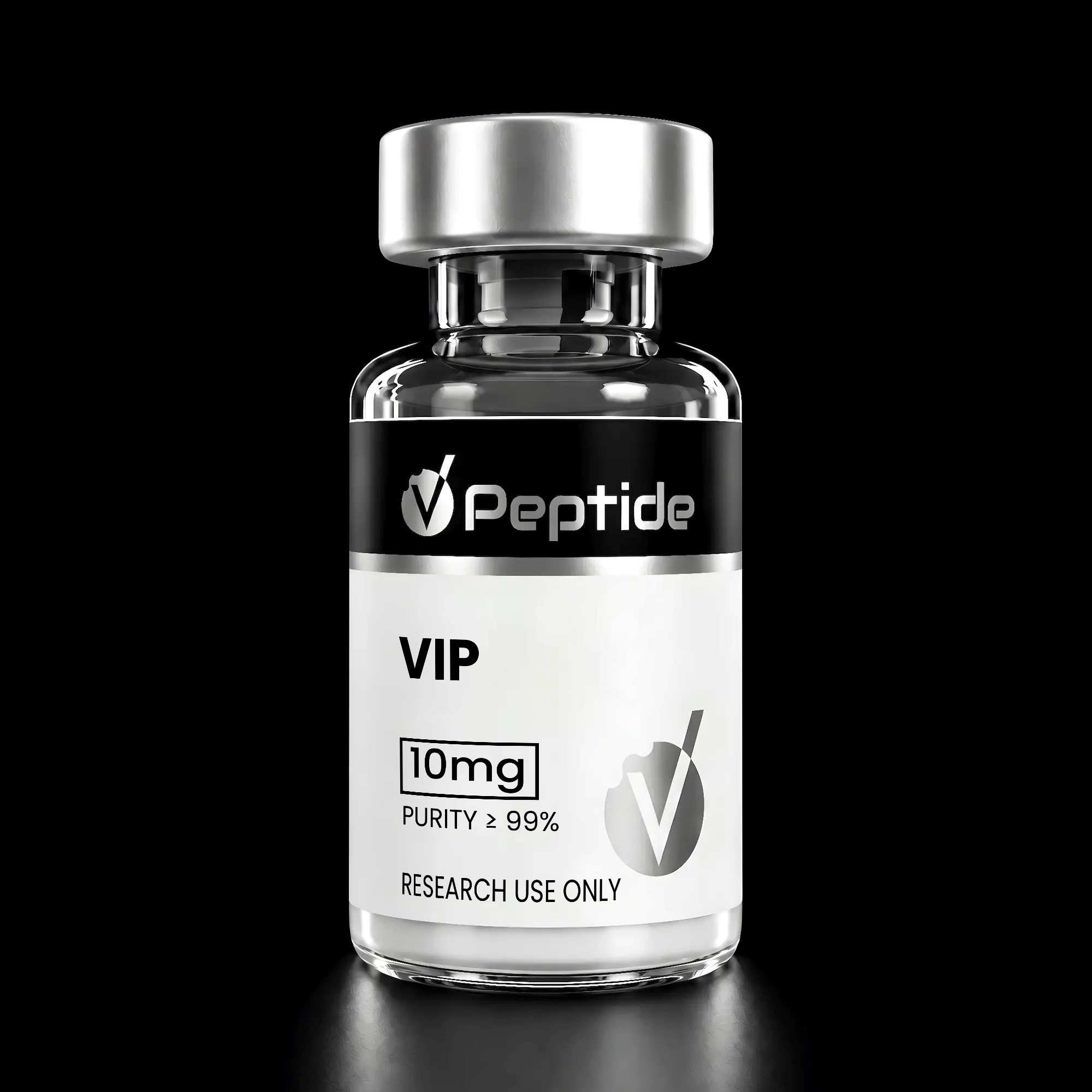 Close-up of a glass bottle neck with a silver cap against a black background, label reads 'Peptide VIP' and shows '10 mg, purity 99%'.