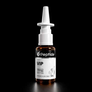 Close-up of a white syringe-like bottle with a pointed tip against a black background, featuring a black peptide label around the neck.