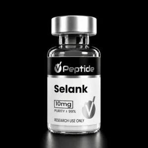 Close-up of a glass peptide vial with a silver cap; label shows 'Selank' and '10 mg', purity ≥99%, for research use only.