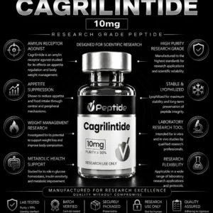Infographic of Cagrilintide 10mg peptide with central bottle and surrounding icons detailing research use and purity requirements.