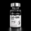 Close-up of a glass peptide vial with a silver cap, label shows 'Peptide' and 'CJC-1295' for research use only on a black background.
