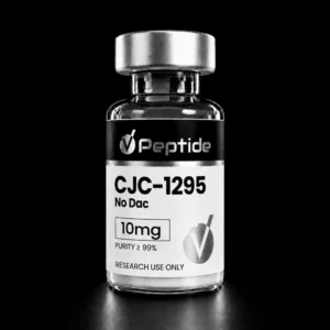Close-up of a glass peptide vial with a silver cap, label shows 'Peptide' and 'CJC-1295' for research use only on a black background.