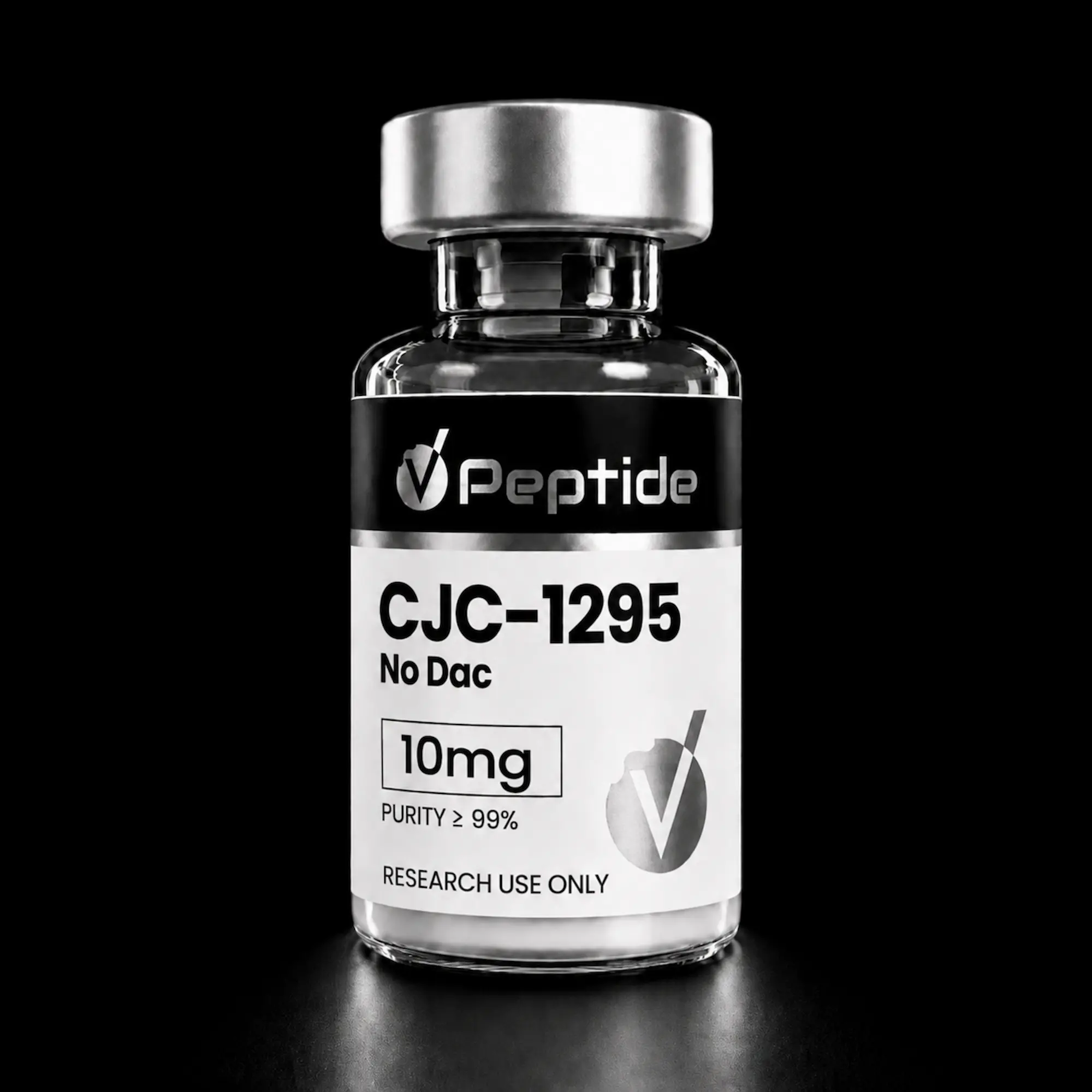 Close-up of a glass peptide vial with a silver cap, label shows 'Peptide' and 'CJC-1295' for research use only on a black background.