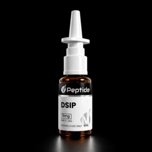 Close-up of a white syringe-like bottle with an orange-brown liquid at the base, labeled 'Peptide' on a black band, set against a black background.