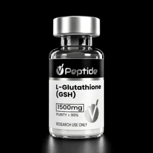 Close-up of a glass bottle with a silver cap, label shows L-Glutathione (GSH) 1500 mg, purity ≥99%, for research use only (Vptide).