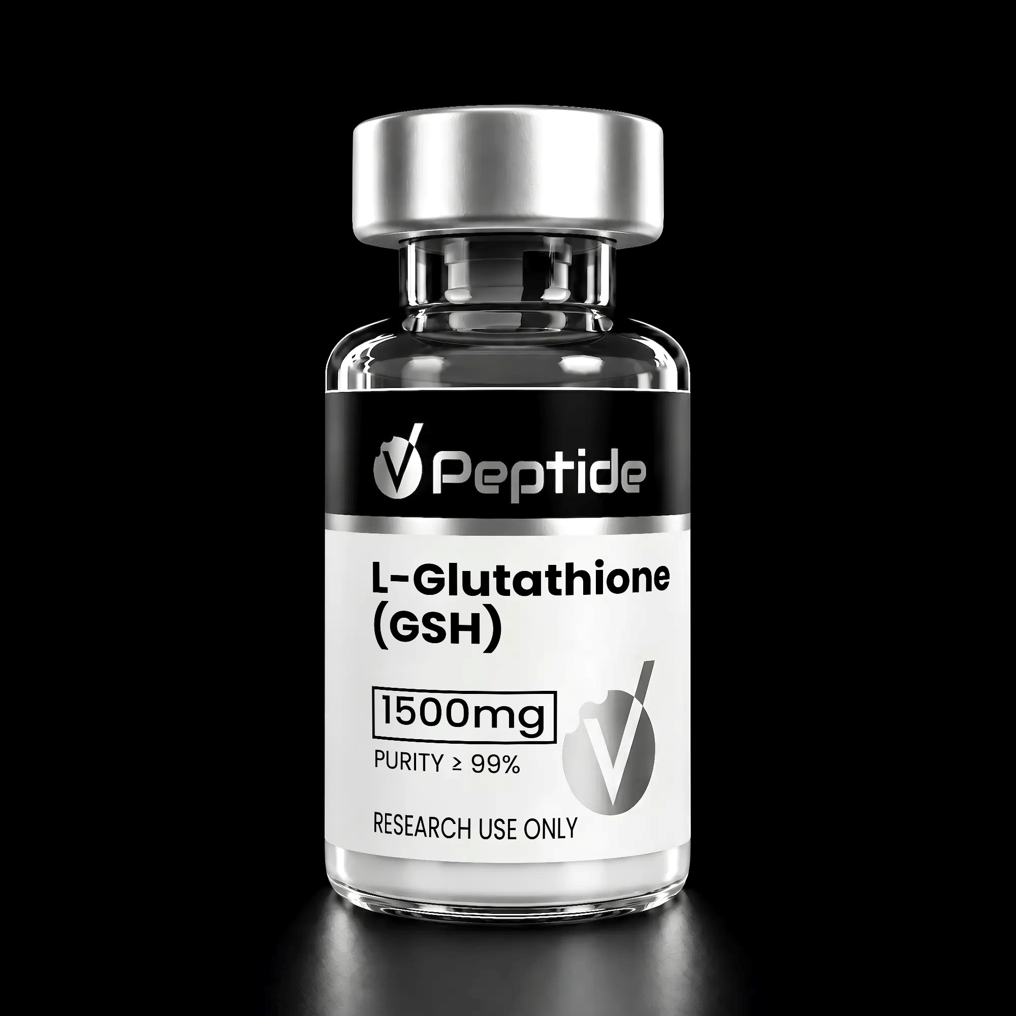 Close-up of a glass bottle with a silver cap, label shows L-Glutathione (GSH) 1500 mg, purity ≥99%, for research use only (Vptide).