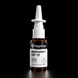 Close-up of a white dispensing syringe attached to a dark-pearl bottle with a Peptide Melanotan II label visible, on a black background.