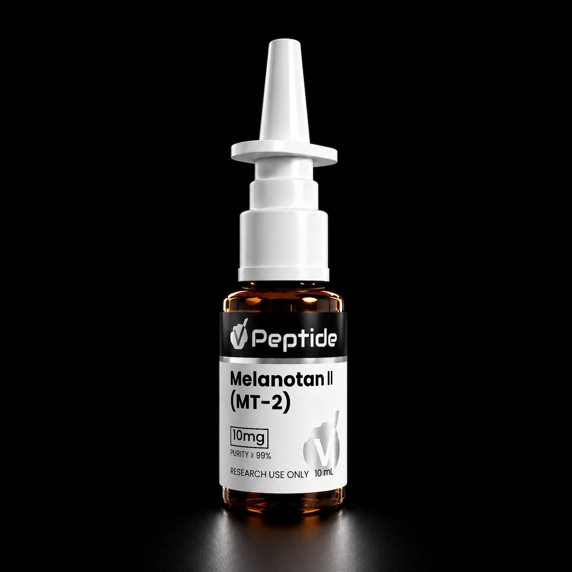 Close-up of a white dispensing syringe attached to a dark-pearl bottle with a Peptide Melanotan II label visible, on a black background.