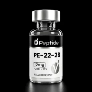 Close-up of a glass peptide vial with a silver cap, black label reading 'Peptide', '10 mg', 'Purity ≥99%', and 'Research use only'.