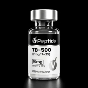 Close-up of a glass peptide vial with a silver cap and black label reading 'TB-500' and 'Peptide' against a black background.