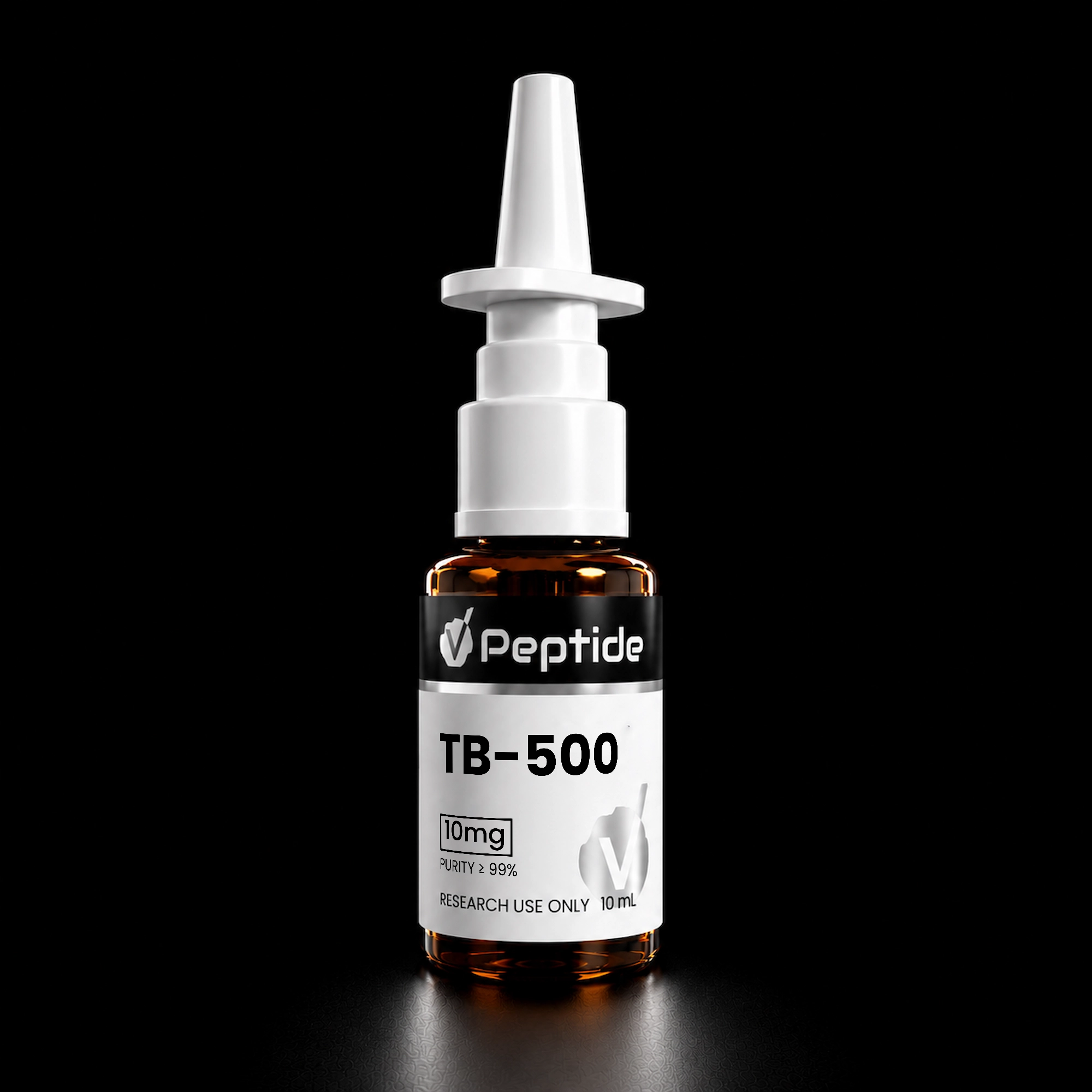 Close-up of a white syringe-style vial with a black TB-500 peptide label against a black background, showing an amber liquid at the bottom.