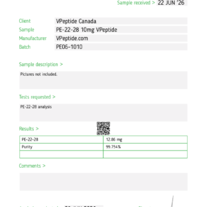 Laboratory test report page for Task #196427 from JANOSHIK, showing client VPeptide Canada and sample PE-22-28 10mg VPep tide, with results and date 29 JUN 2026.