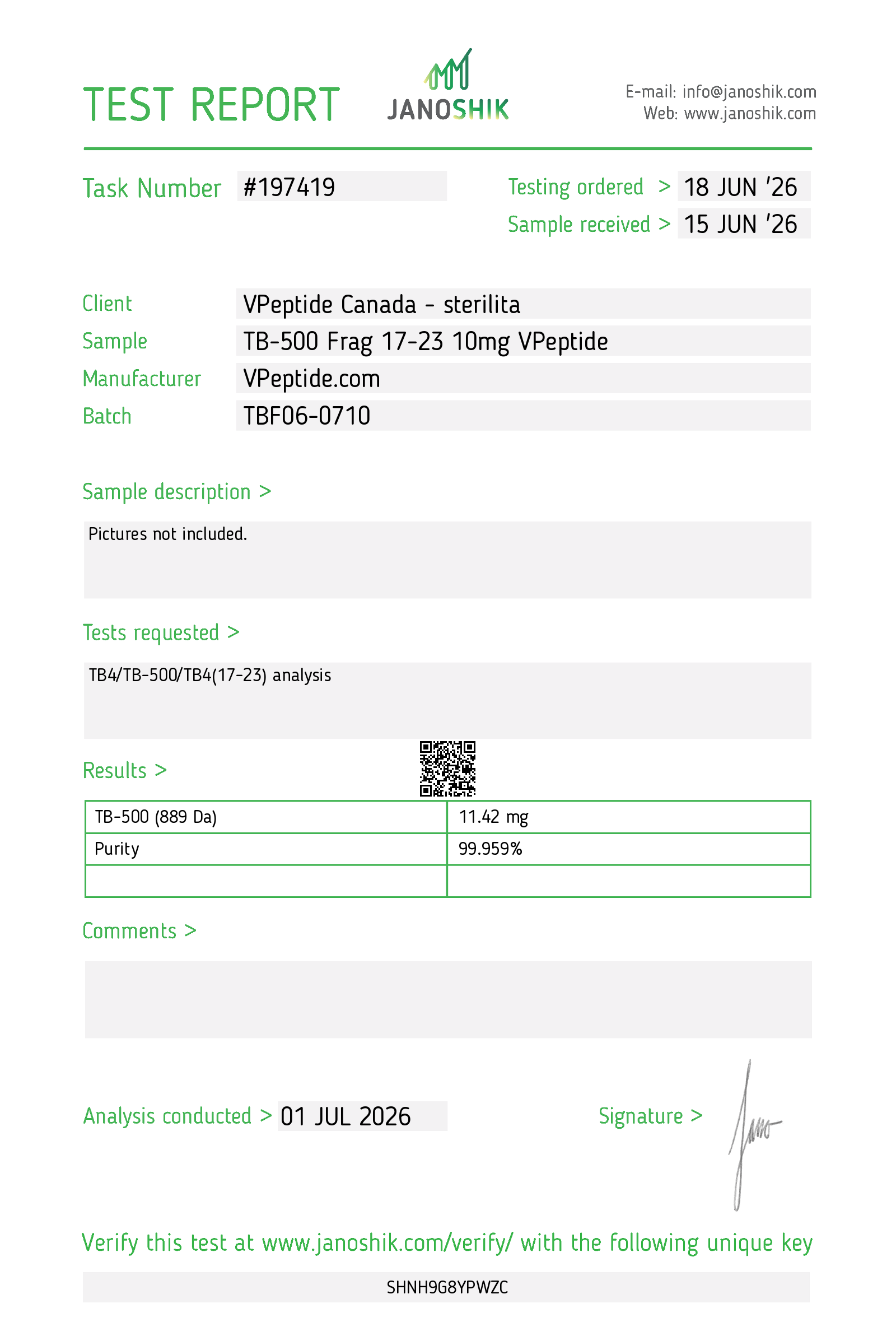 Test Report #197419 Laboratory test report page: task #197419 with client data and results table including TB-500 (11.42 mg) and 99.959% purity. QR code present.