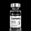 Close-up of a glass vial with a silver cap and a label showing 'Peptide Cartalax' and '20 mg' (research-use product).