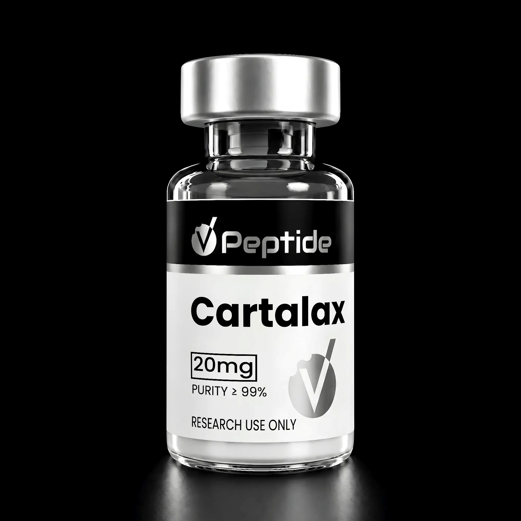 Close-up of a glass vial with a silver cap and a label showing 'Peptide Cartalax' and '20 mg' (research-use product).
