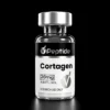 Cortagen 20mg Close-up of a glass peptide vial with a silver cap, black label reading 'Cortagen' and '20 mg', logo, and 'Purity ≥99%'; 'Research use only' text visible.