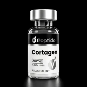Close-up of a glass peptide vial with a silver cap, black label reading 'Cortagen' and '20 mg', logo, and 'Purity ≥99%'; 'Research use only' text visible.