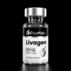 Close-up of a glass bottle with a silver cap and black label reading 'Peptide' and 'Livagen' against a black background.