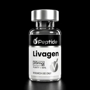 Close-up of a glass bottle with a silver cap and black label reading 'Peptide' and 'Livagen' against a black background.
