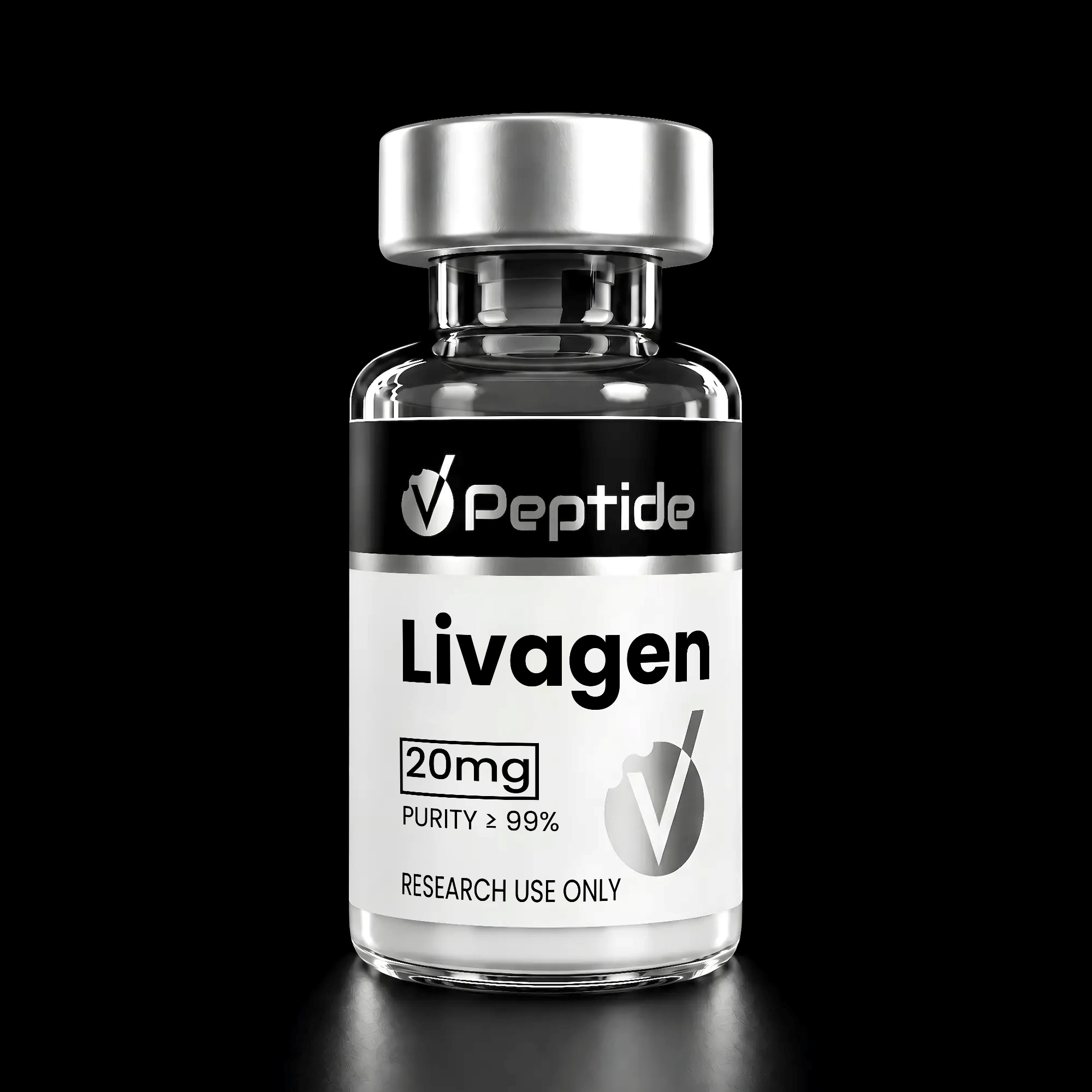 Close-up of a glass bottle with a silver cap and black label reading 'Peptide' and 'Livagen' against a black background.