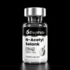 N Acetyl Selank 12mg Close-up of a glass vial with a silver cap, labeled 'N-Acetyl Selank' and '12 mg' for research use only.